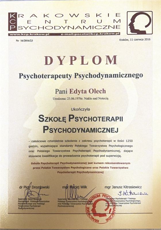 Dyplom Psychoterapeuty Psychodynamicznego Edyty Olech wydany przez Krakowskie Centrum Psychodynamiczne w 2016 roku