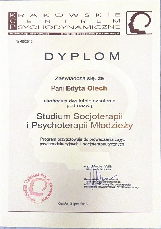 Dyplom ukończenia dwuletniego Studium Socjoterapii i Psychoterapii Młodzieży z 2013 roku