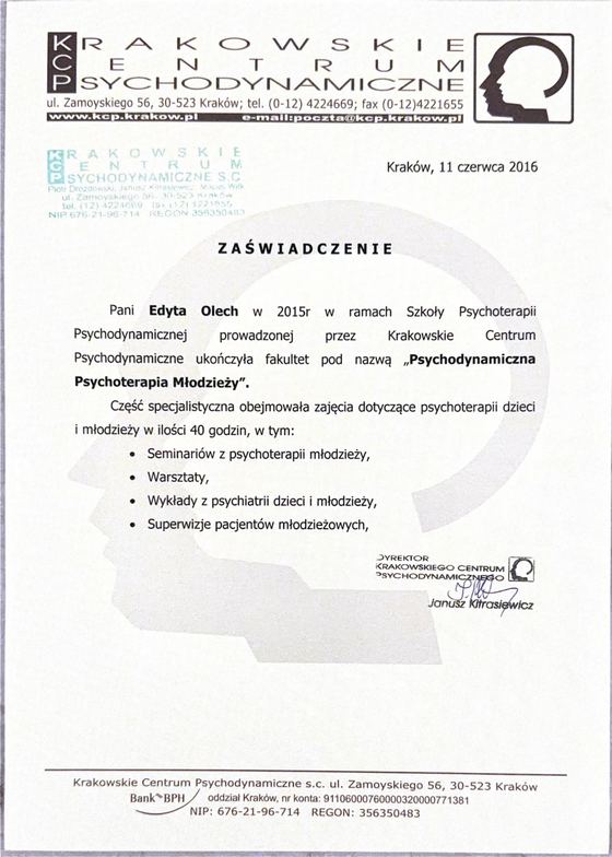 Zaświadczenie o ukończeniu fakultetu Psychodynamiczna Psychoterapia Młodzieży w Krakowskim Centrum Psychodynamicznym