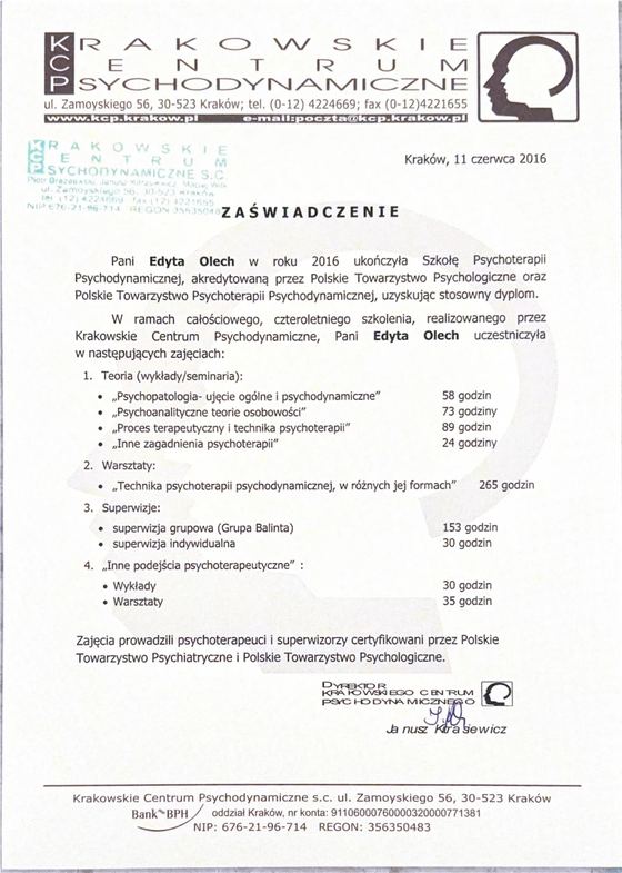 Zaświadczenie o ukończeniu Szkoły Psychoterapii Psychodynamicznej akredytowanej przez PTP i PTPPd