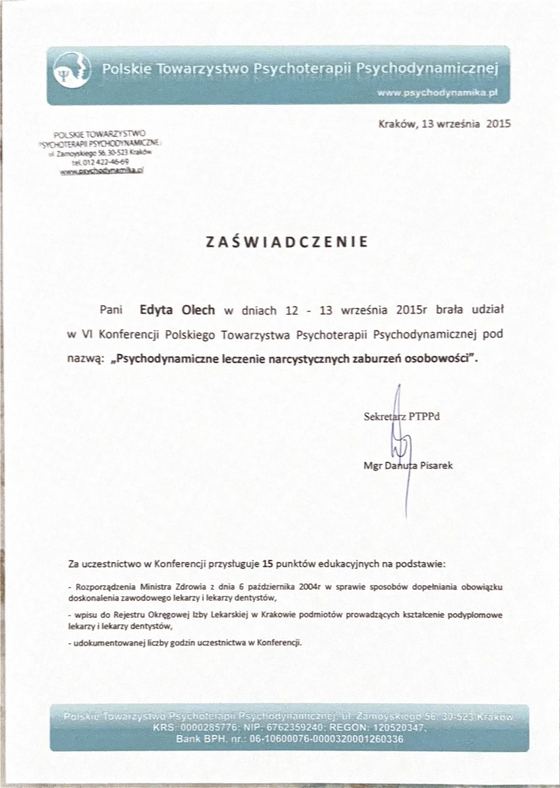 Zaświadczenie udziału w VI Konferencji Polskiego Towarzystwa Psychoterapii Psychodynamicznej w 2015 roku